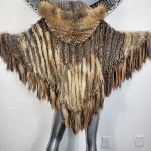 ALBERTO MAKALI~VINTAGE BROWN GENUINE FOX FUR REAL RABBIT HOODED PONCHO CAPE COAT